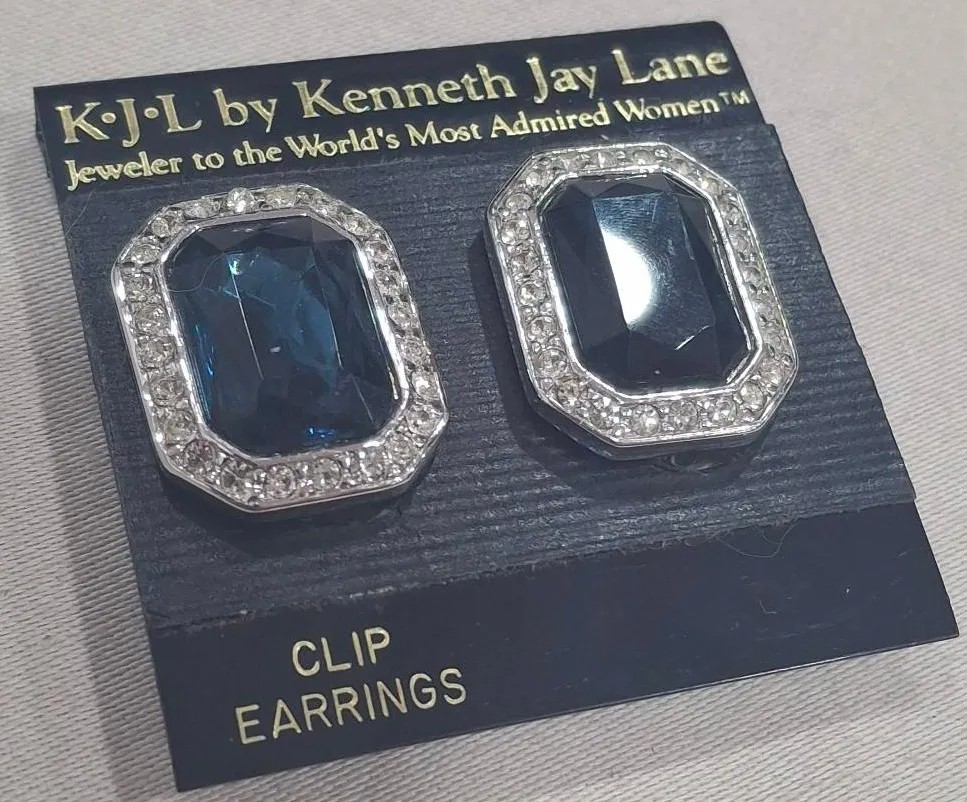 Vtg Signed KJL Kenneth Lane Princess Diana Sapphire Blue Rhinestone Earrings