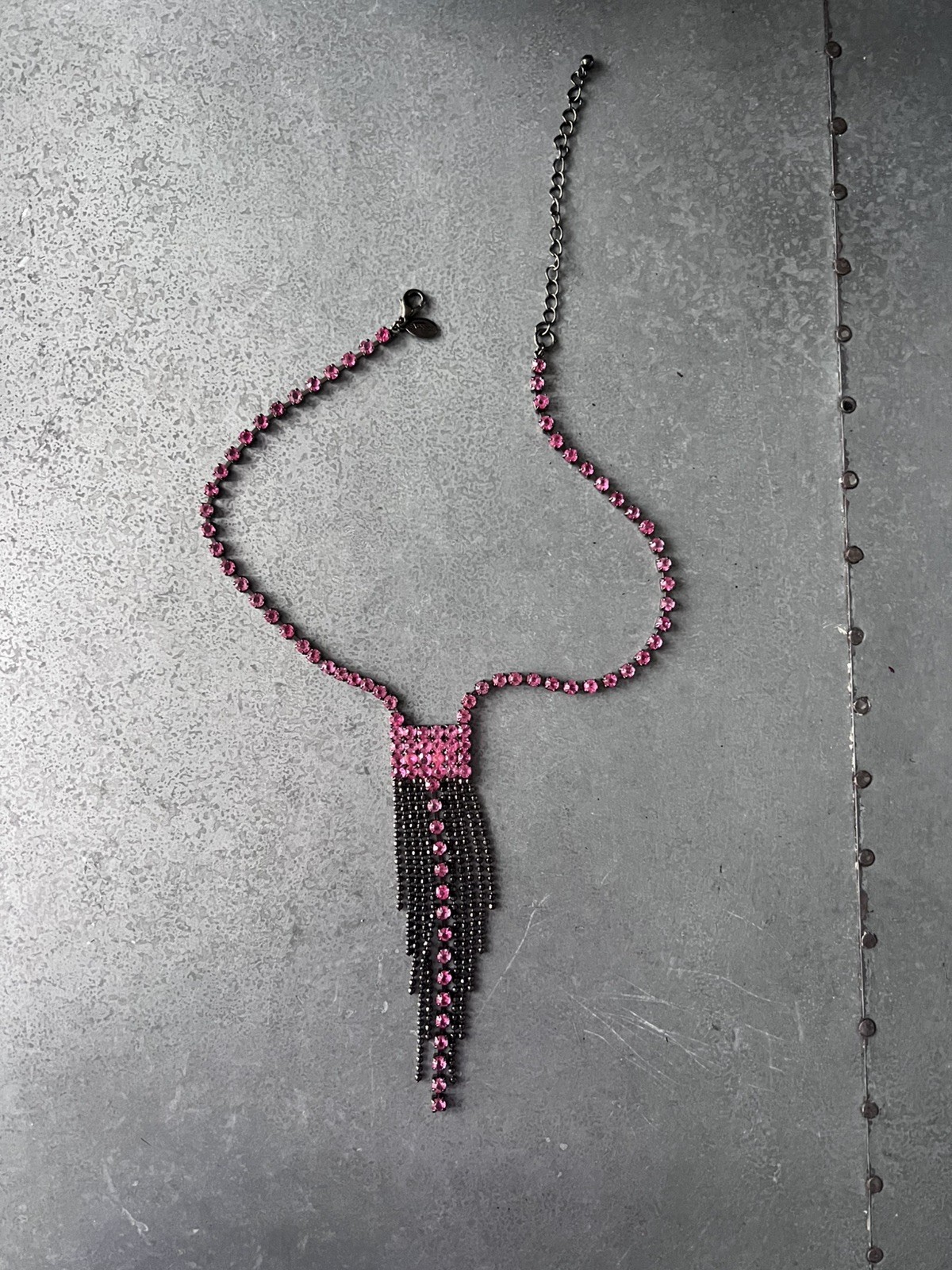 Vintage pink rhinestone gunmetal fringe necklace 90s 00s adjustable 14.5-18 in