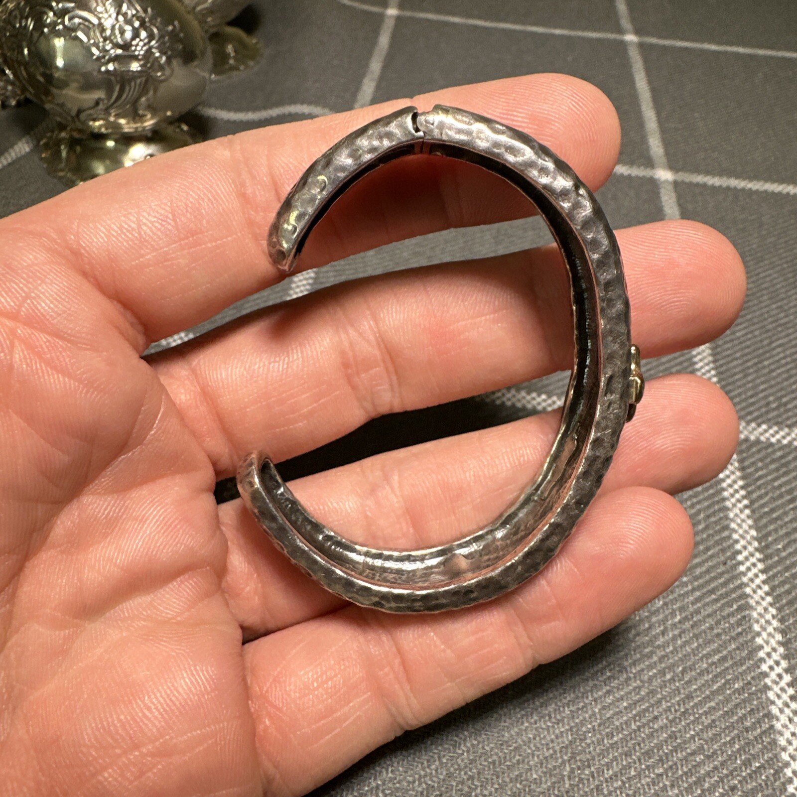 Vintage Dian Malouf 925 14k Hinged Small Cuff Bracelet Hammered