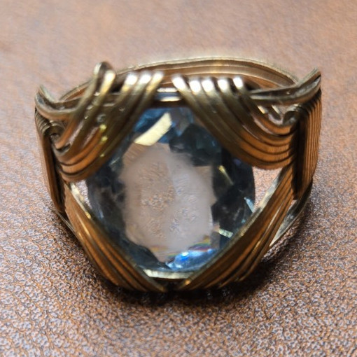 Art Deco Style Gold (Untested) Wire Ring Large Blue Glass Stone