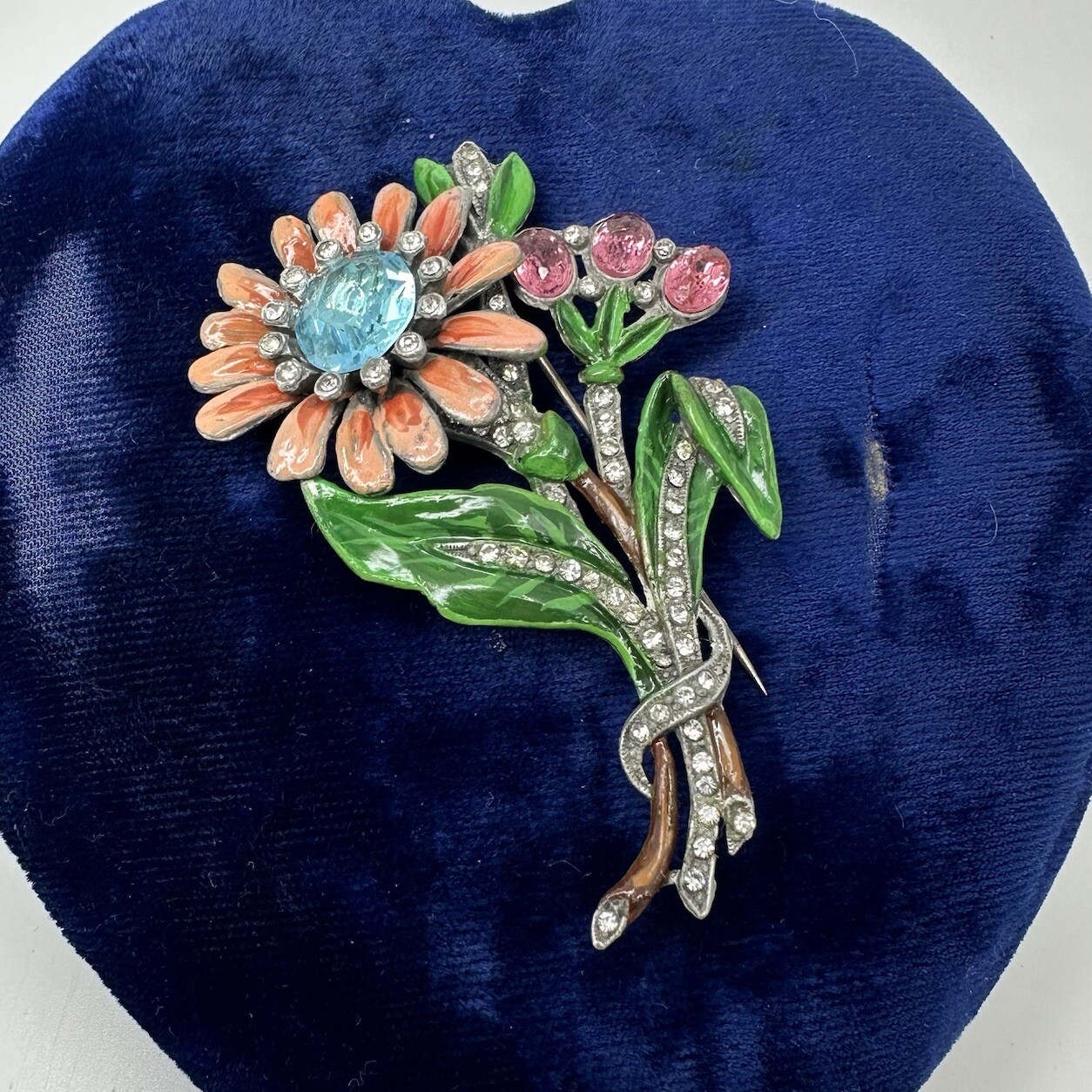 Vintage Art Deco Enamel Flower Brooch Trifari / Coro Style Pot Metal Spray Pin