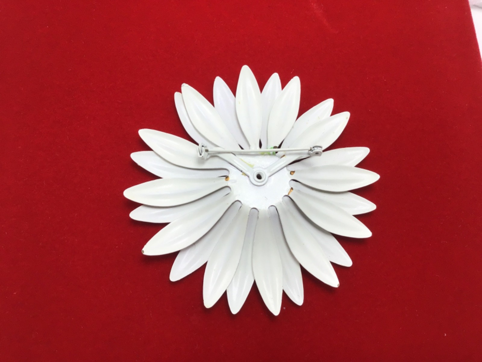 Vintage White Enamel Daisy Flower Brooch Pin Yellow Center Layered Petals Retro