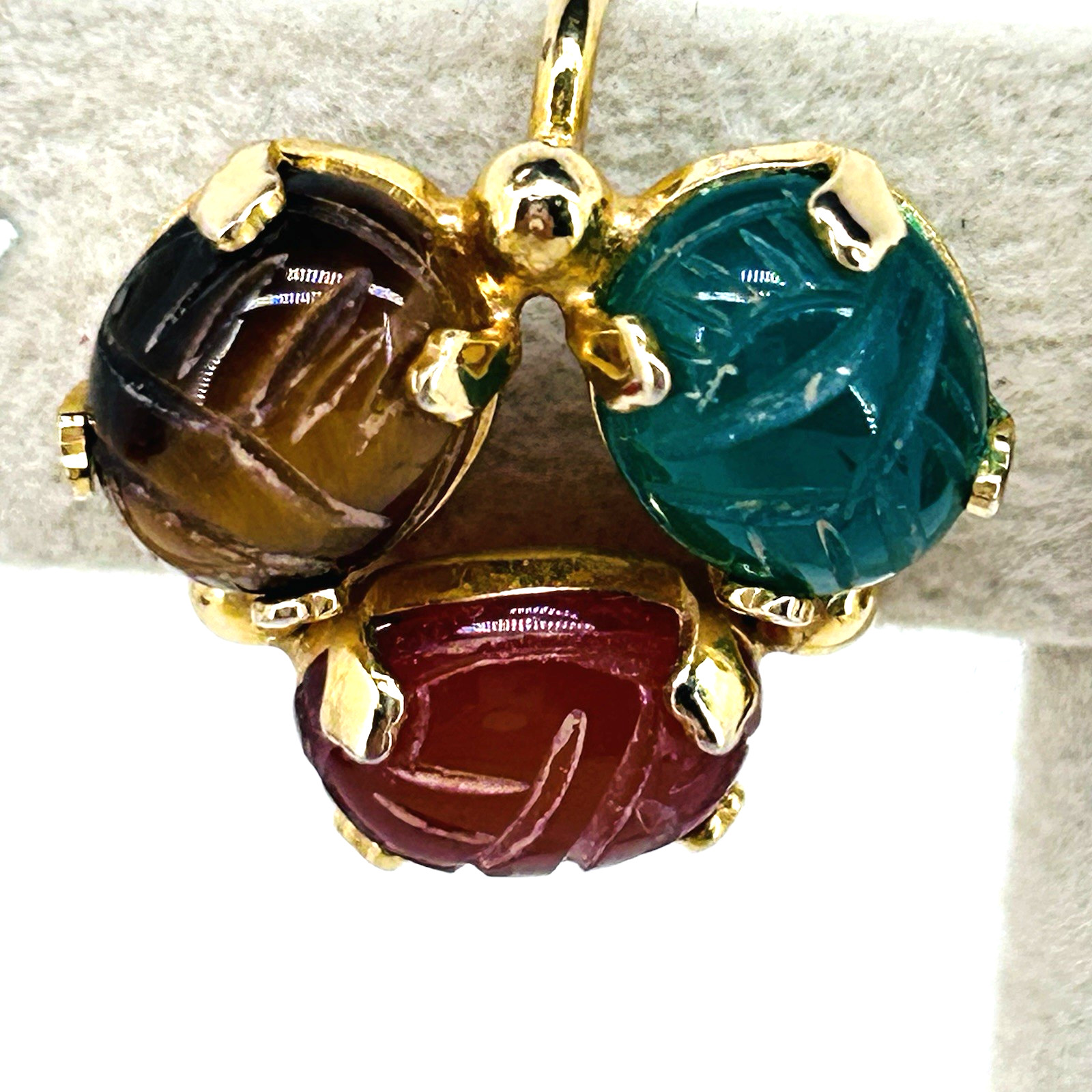 12K Gold Filled VTG Burt Casell Screw Back Earrings Jade Carnelian Tiger’s Eye