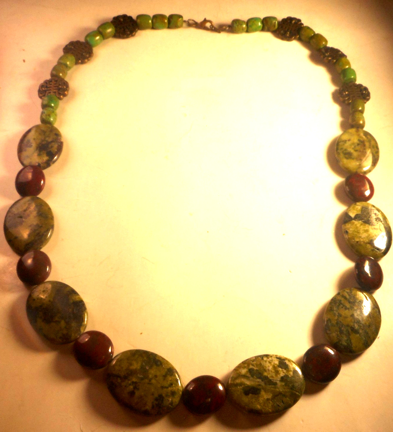 Vtg Artisan Bloodstone Jasper Brass Beaded Necklace Old 24″