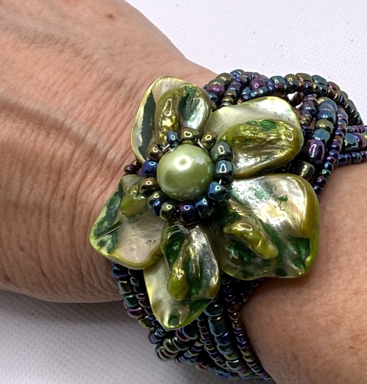 Vintage MOP Shell Flower Cuff Bracelet Iridescent Seed Bead Multi Strand Boho