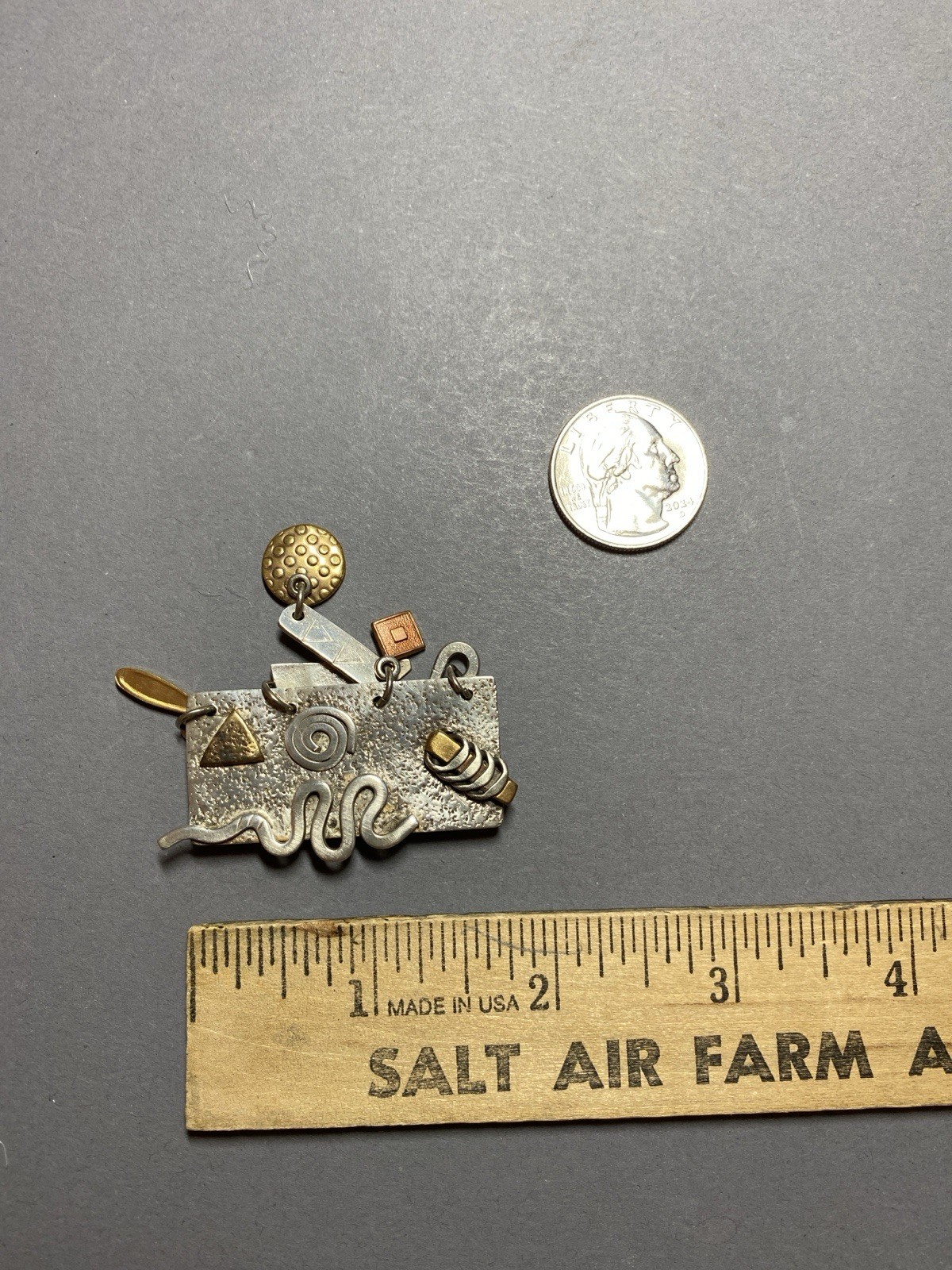 Vintage Sterling Silver Artisan Abstract Mixed Metal Brooch Pin