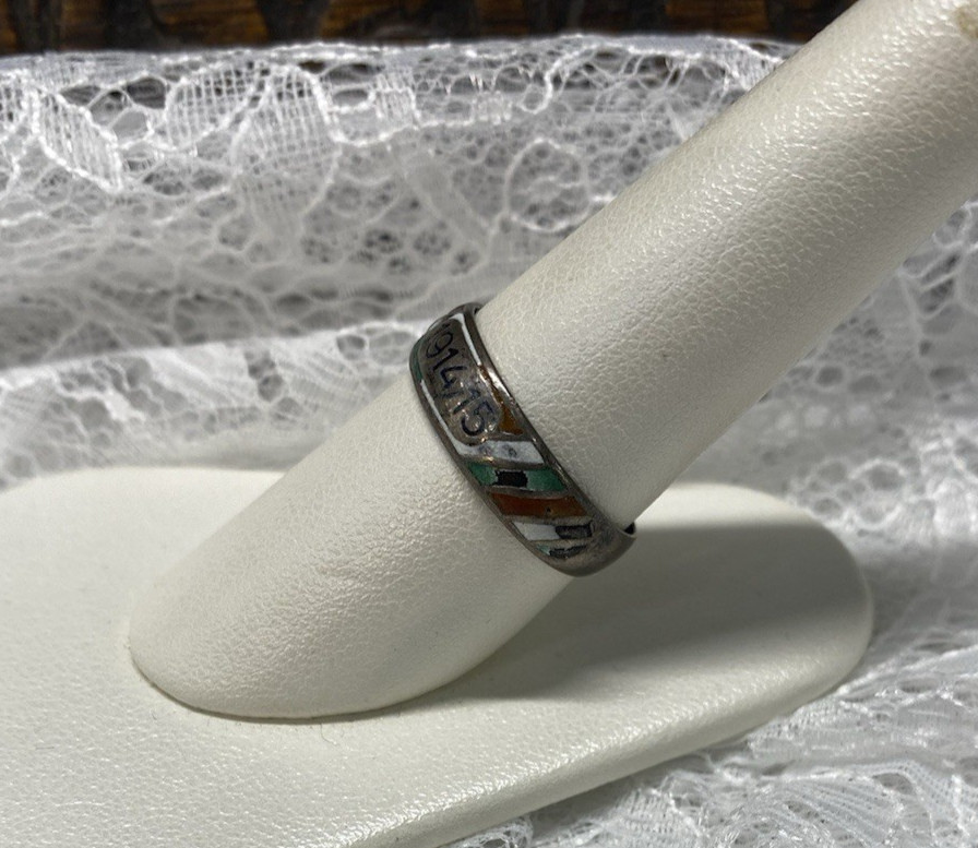 Vintage WWI 1914/15 Sterling Silver Ring Size 8.5 Enamel Green White Brown Black