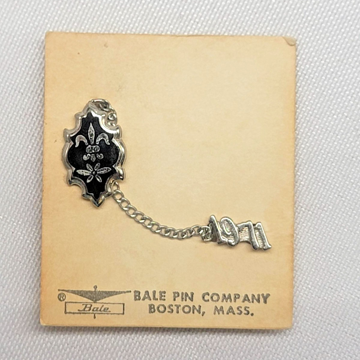 Vintage 1971 Bale Pin Co Sterling Silver Guard Pin Fleur-de-lis Black Enamel