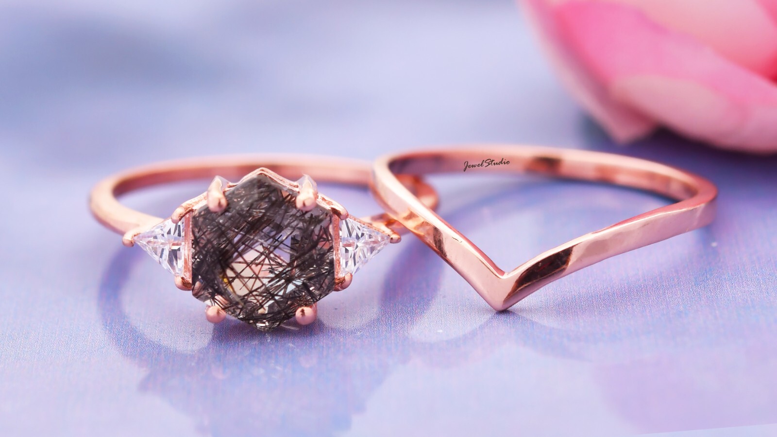 Rutile Ring set Quartz Ring Engagement Ring Bridal Band Ring Wedding Ring Gifts