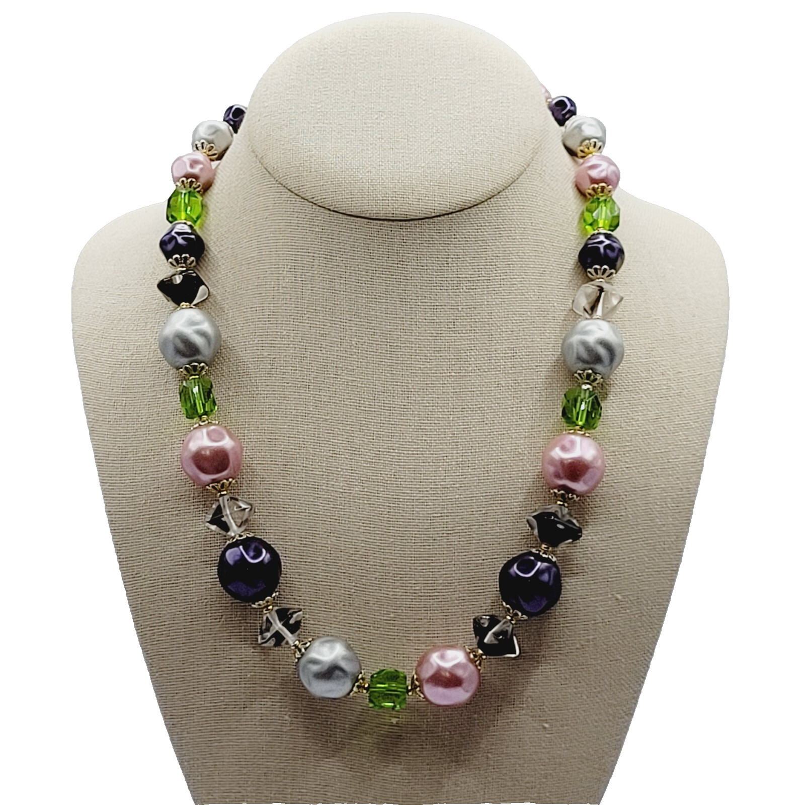 Colorful Glass & Faux Pearl Style Multi Color Shape Bead Vintage Necklace 21 In