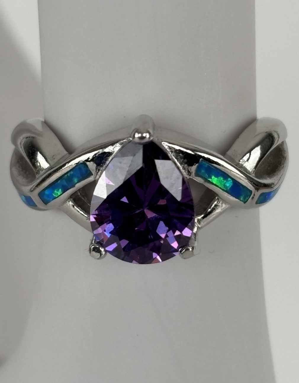 Sterling Silver Teardrop Amethyst & Blue Opal Set Ring Size 8