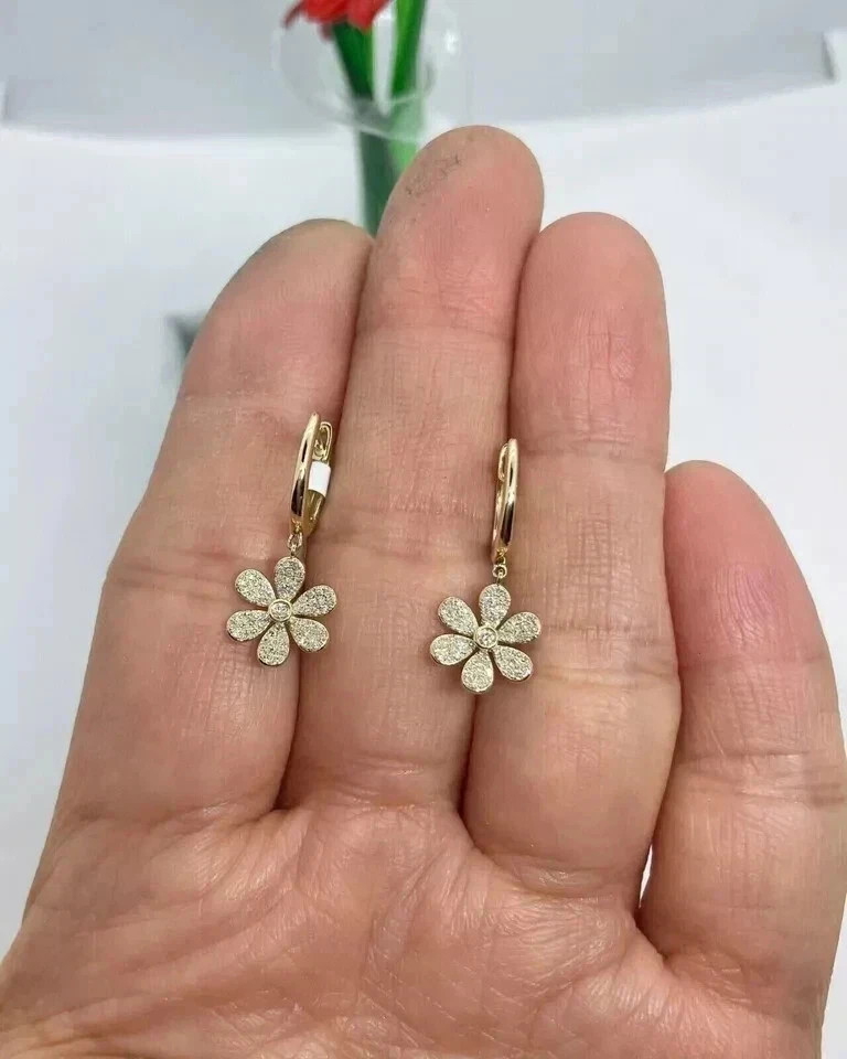 Art Deco Lab-Created Diamond Flower Wedding Gift Yellow Gold Earring 14K Finish