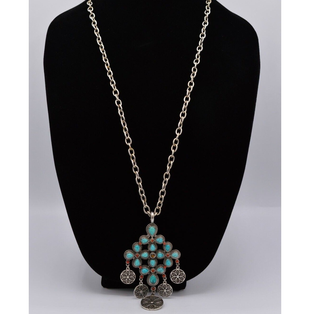 Graziano Vintage Turquoise Cabochon Coin Pendant Necklace South Western 1990s 9J