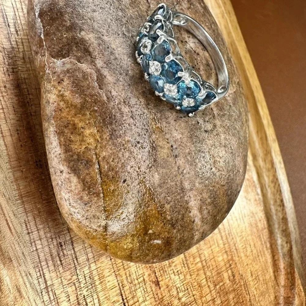 Natural Blue & White Topaz Sterling Cluster Band Size 8