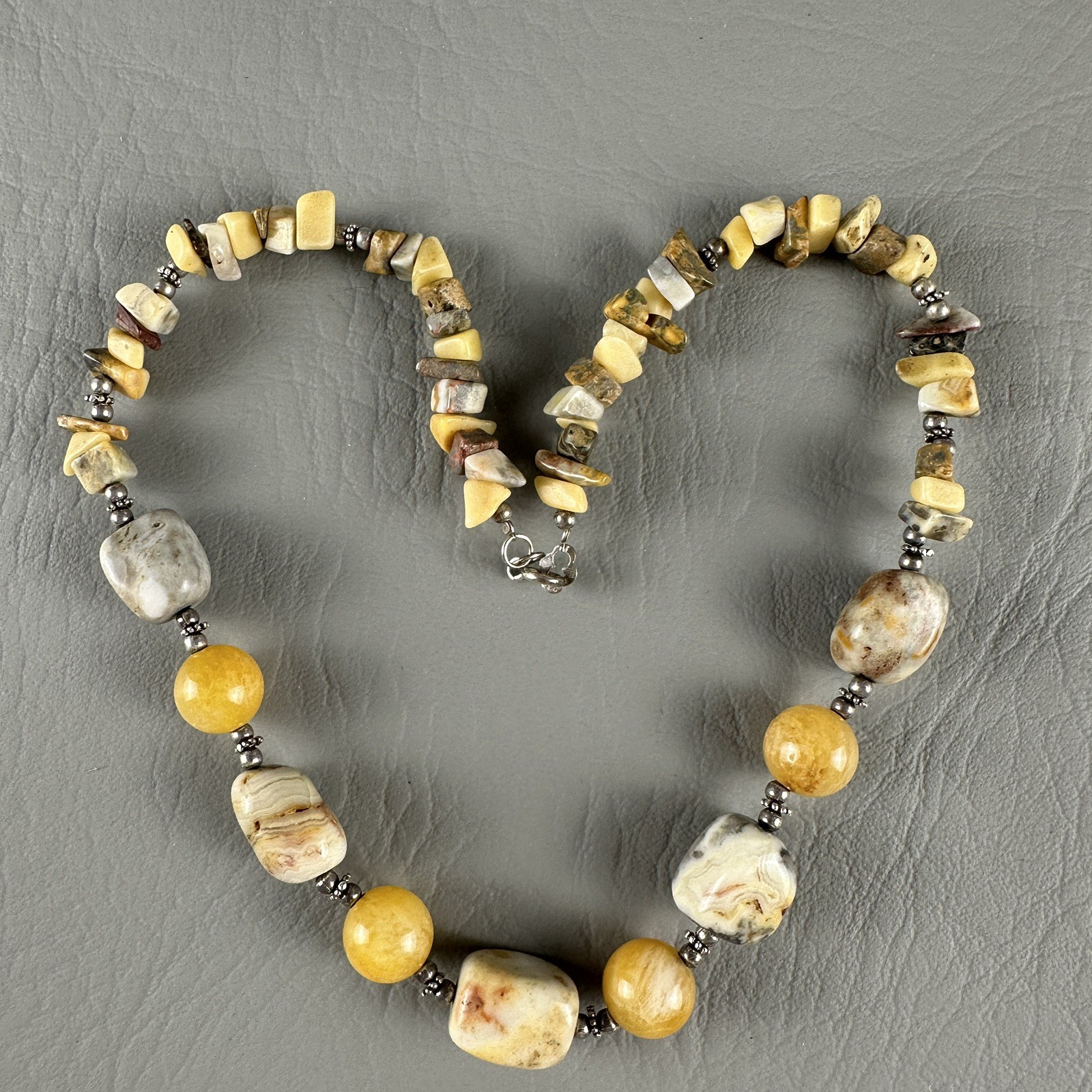 Vintage CW Sterling Silver Stone Bead Necklace Yellow Gray 16″