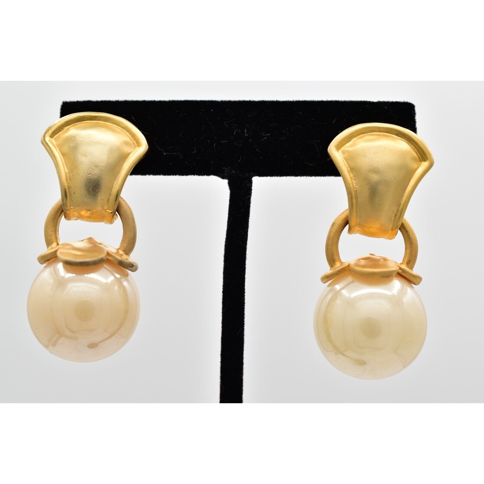 Vintage Dangle Earrings Faux Pearl Drop Brushed Gold Matte Chunky 1980s BinAK