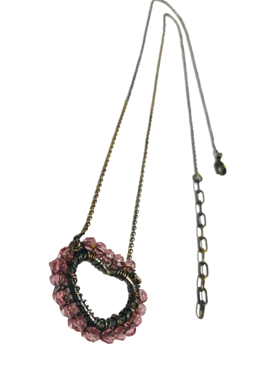 Vintage Antique Gold Tone Wire Wrapped Pink Beads Heart Pendant Necklace 19.5”