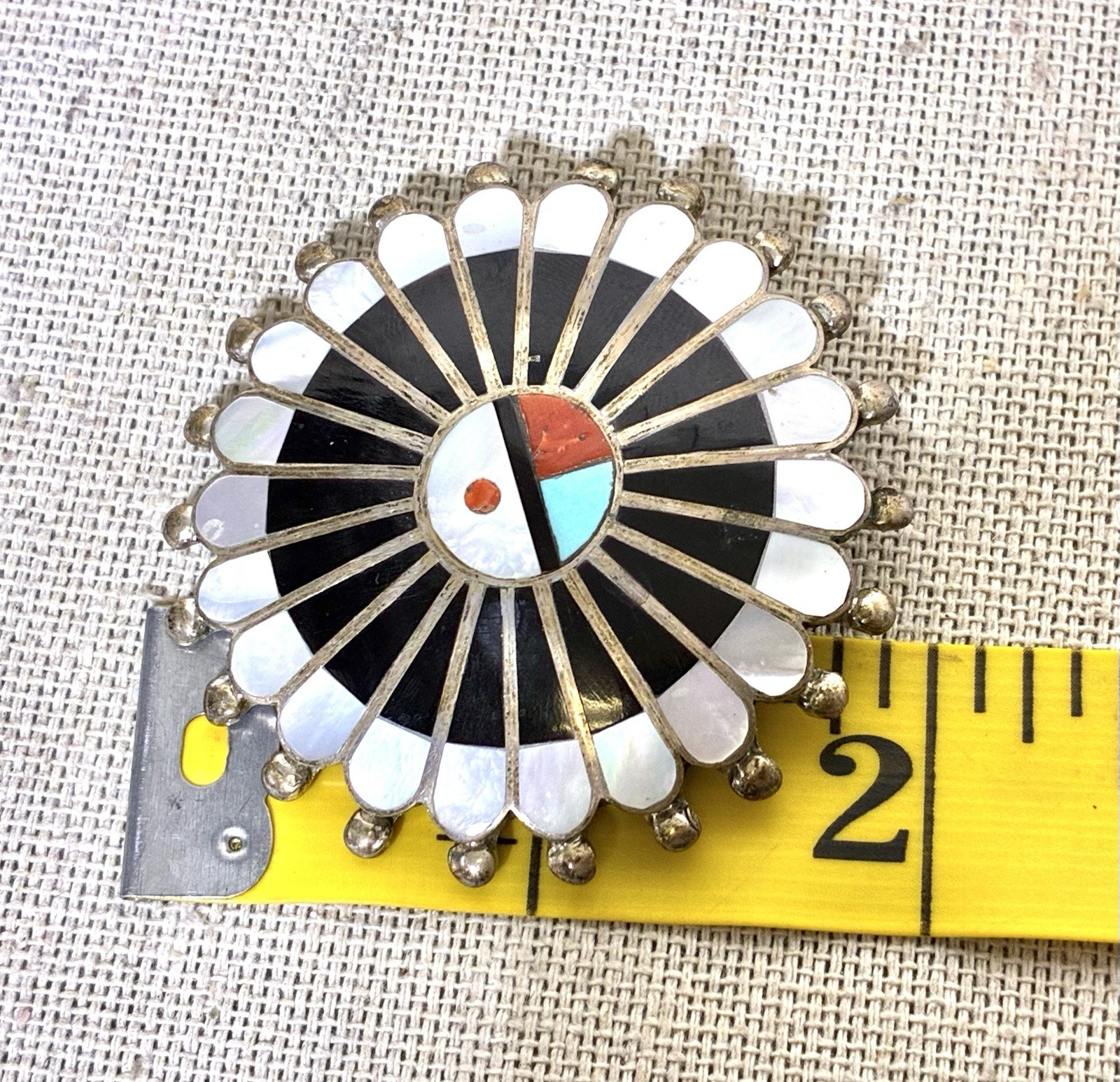 Zuni Sunface Sterling Silver Inlay Pin Pendant MOP Jet Turquoise Coral Signed