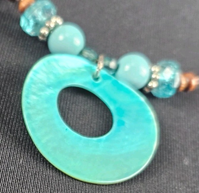 Vintage Abalone Paua Shell & Bead Donut Pendant Wire Necklace Bohemian | Beachy