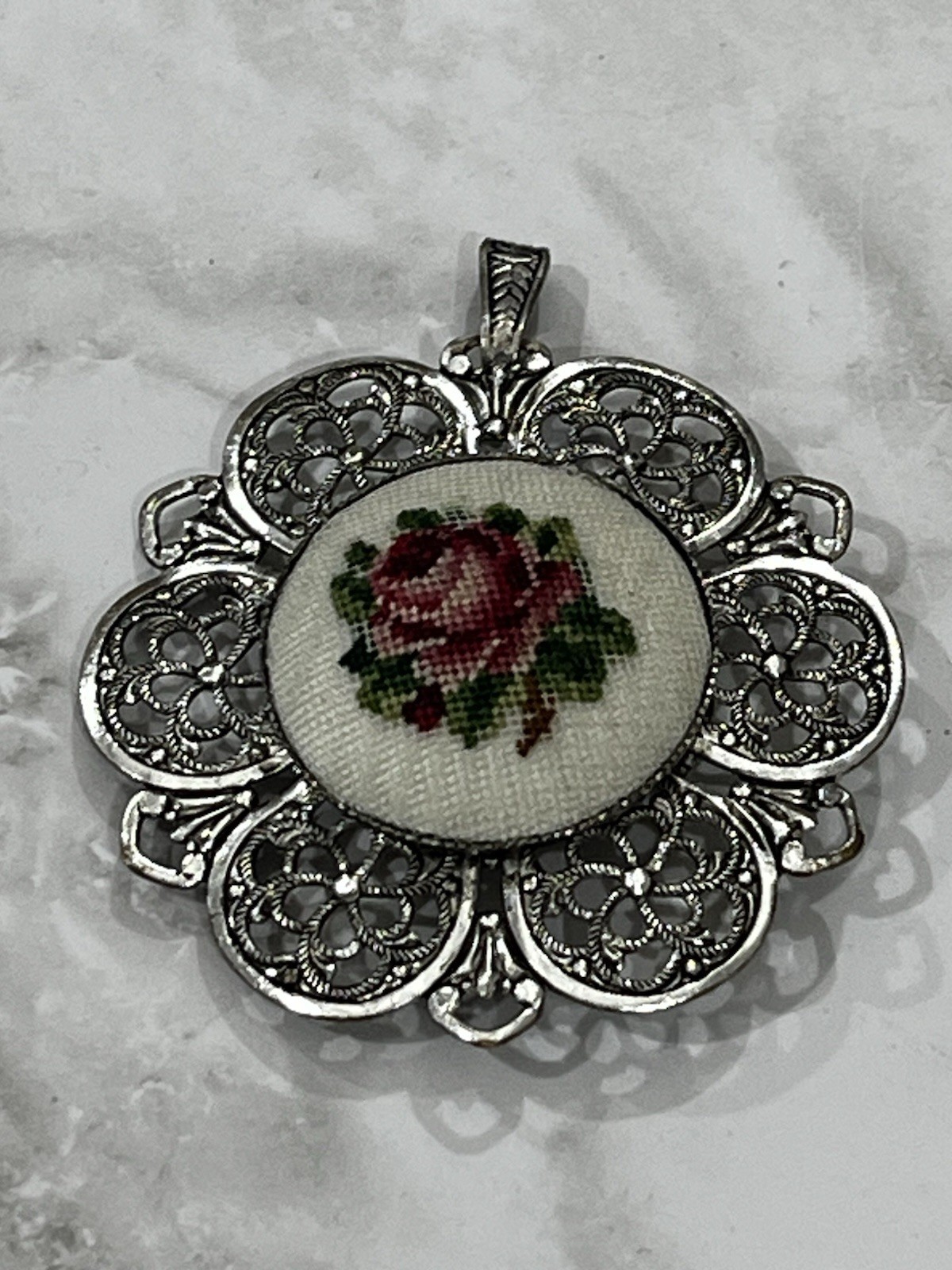 Vintage Silver Tone Austria Pendant Brooch Embroidered Petit Point Rose Bouquet