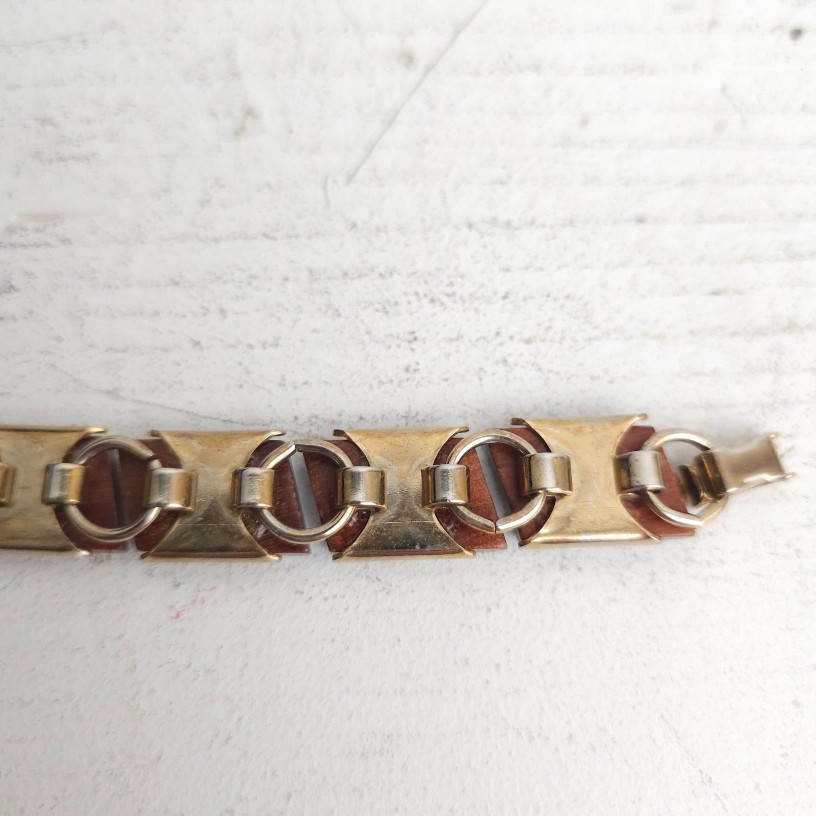 Vtg Modernist MCM Wood Tile Link Bracelet Boho 1960s 70s Earthy Natural Minimal