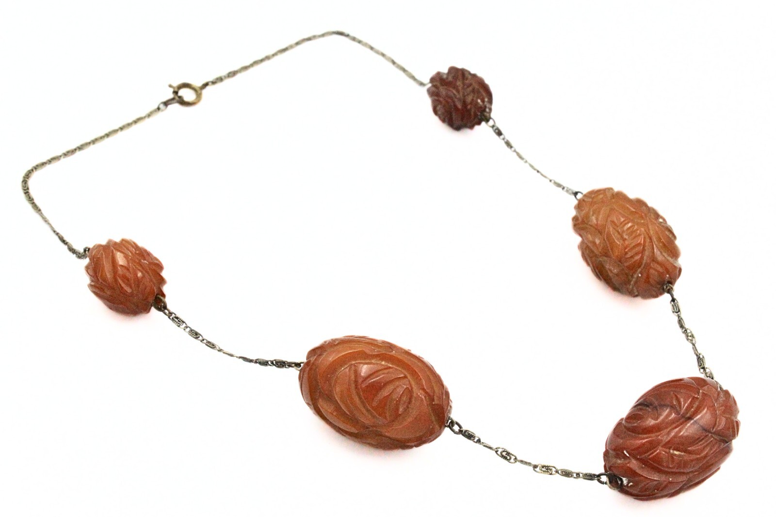 Antique Art Deco Silver 850 Carved Bakelite Flower Bead Station Necklace