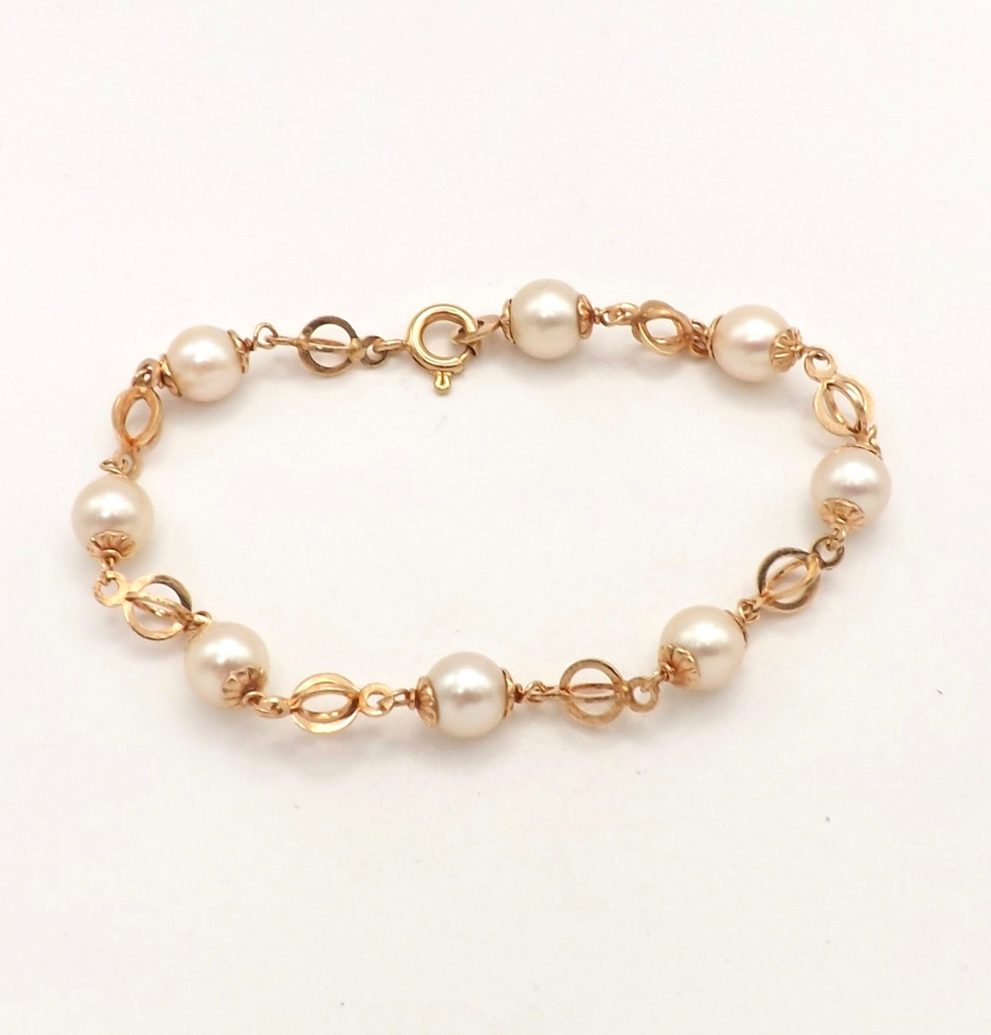 Solid 18k Gold Akoya Pearl Stations Circles Link Bracelet Vintage 750 Italy 7.5″