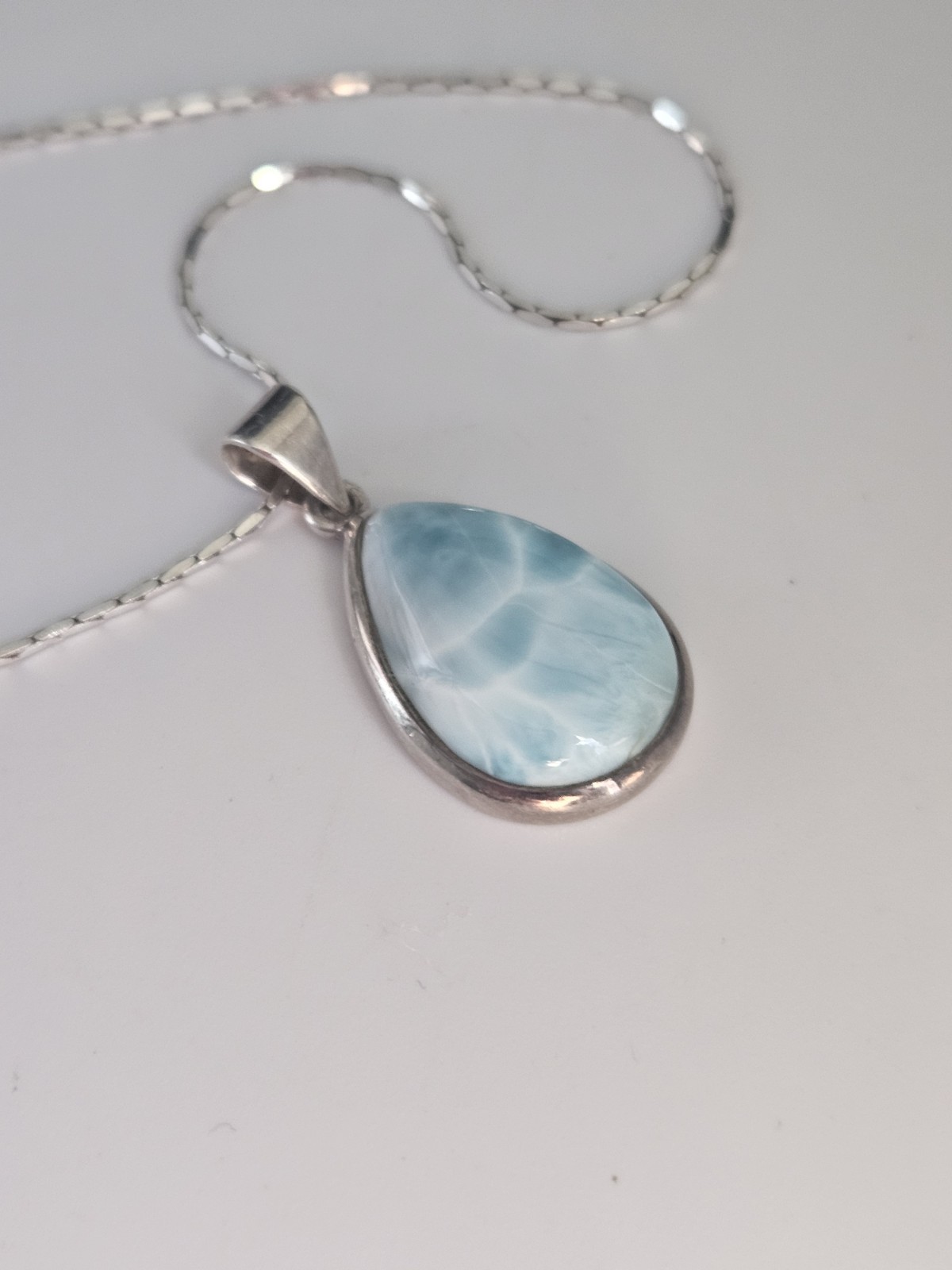 Vintage 925 Sterling Silver Natural Larimar Pendant Necklace 16″