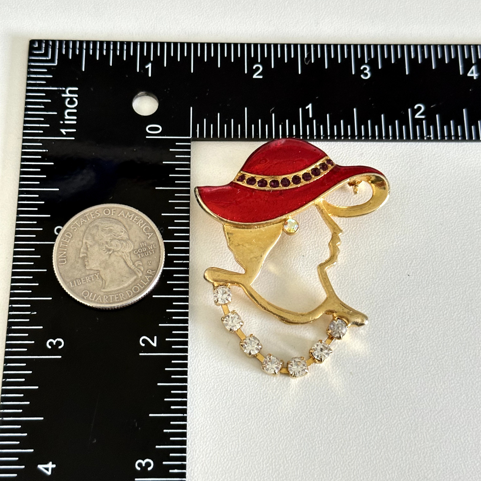 Vintage Gold Tone Lady Red Enamel Hat Bonnet Clear Purple Rhinestone Brooch Pin
