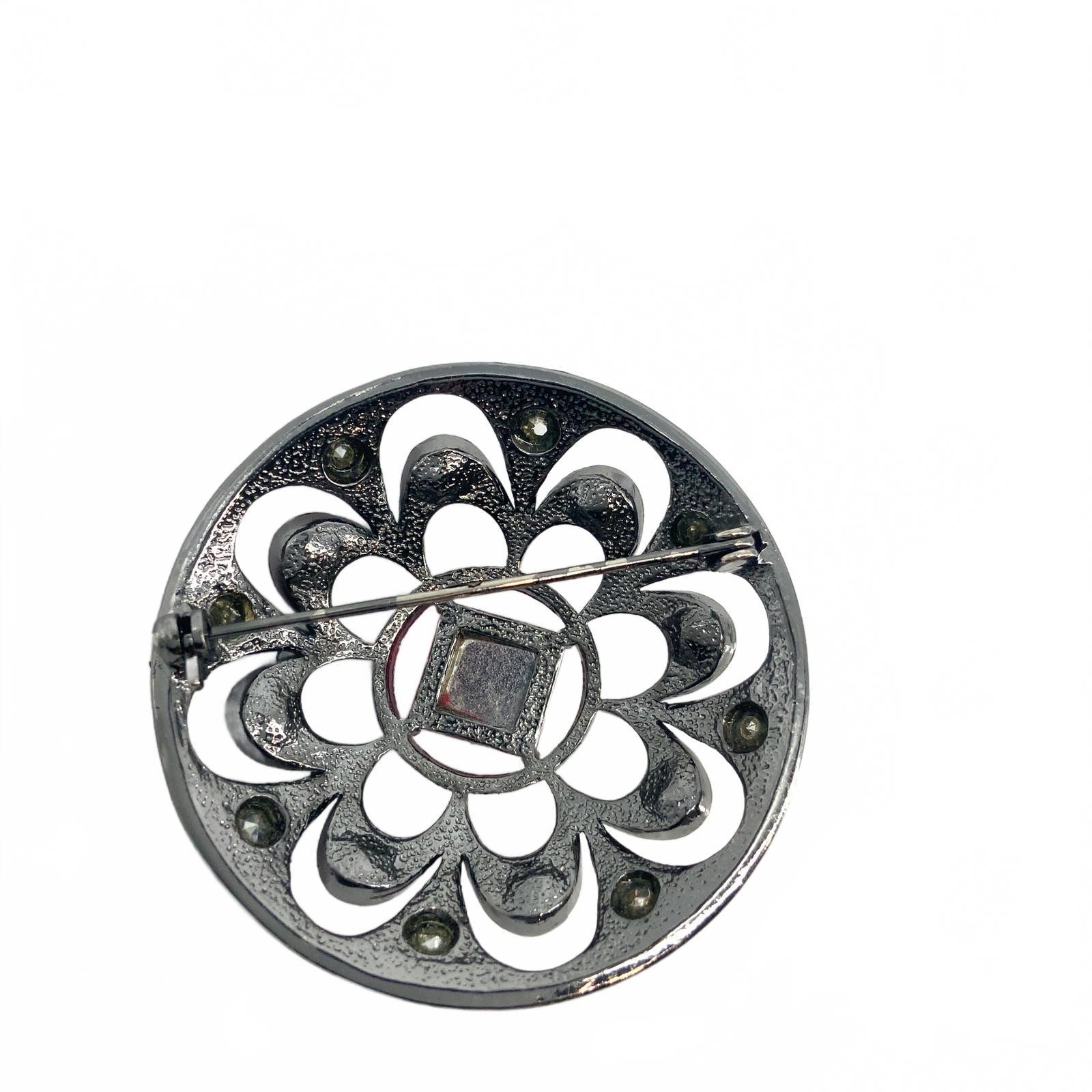 Vintage Gunmetal Tone Pink Crystal Floral Brooch Round Fuchsia Rhinestone Pin