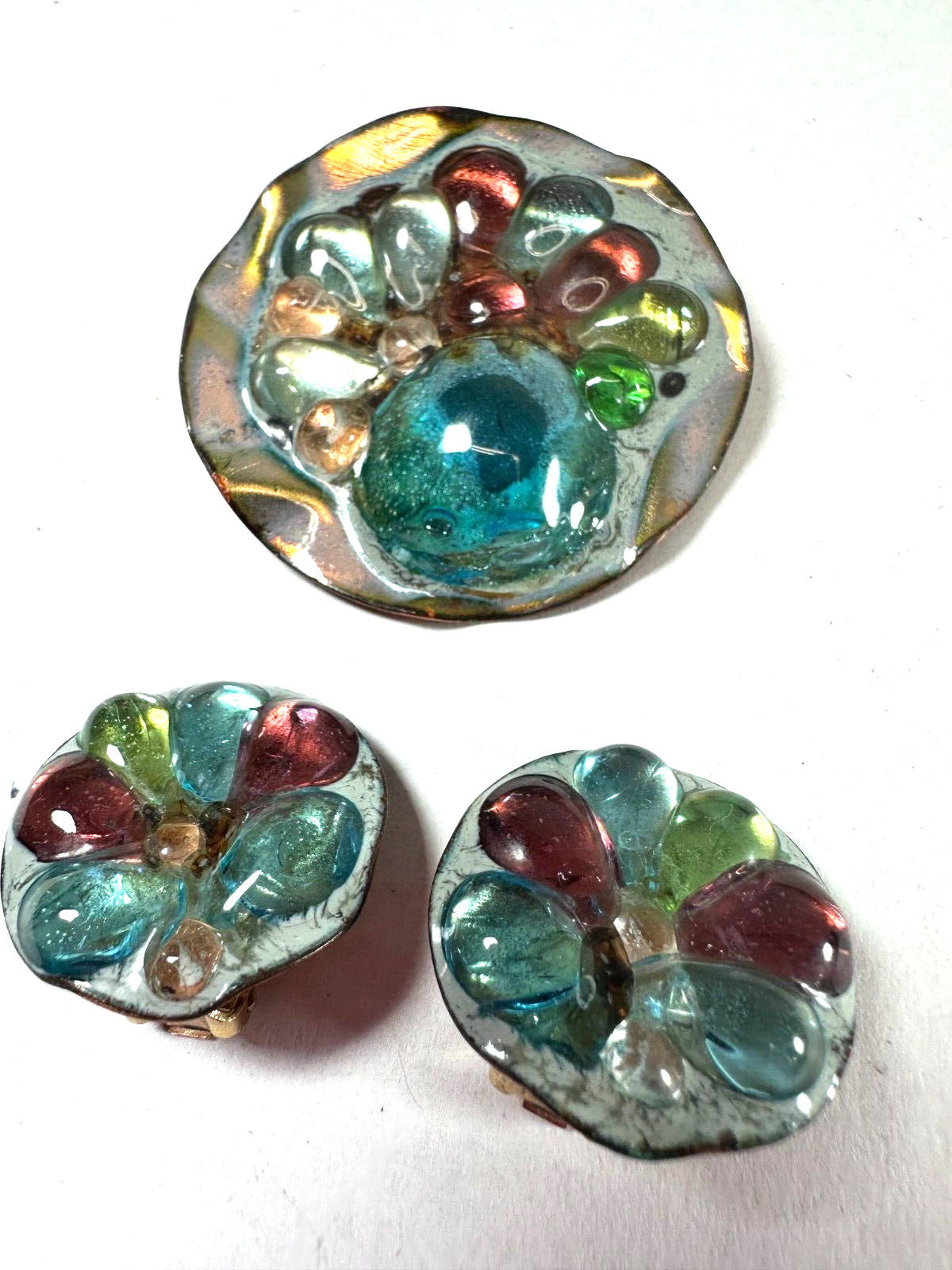 Vintage Brooch Modernist Beryl Sheldon Copper Enamel Glass Clip On Earrings Blue