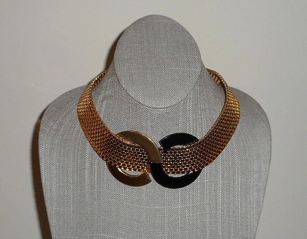 Vintage Orena Paris French Wide Woven Gold-tone Link Collar Necklace w Mod Motif