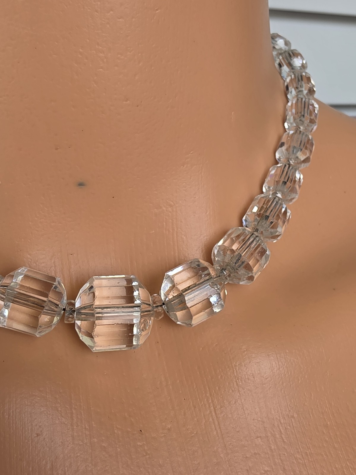 Vintage Clear Faceted Crystal Glass Cube Cut Bead Necklace Art Deco Style 15”