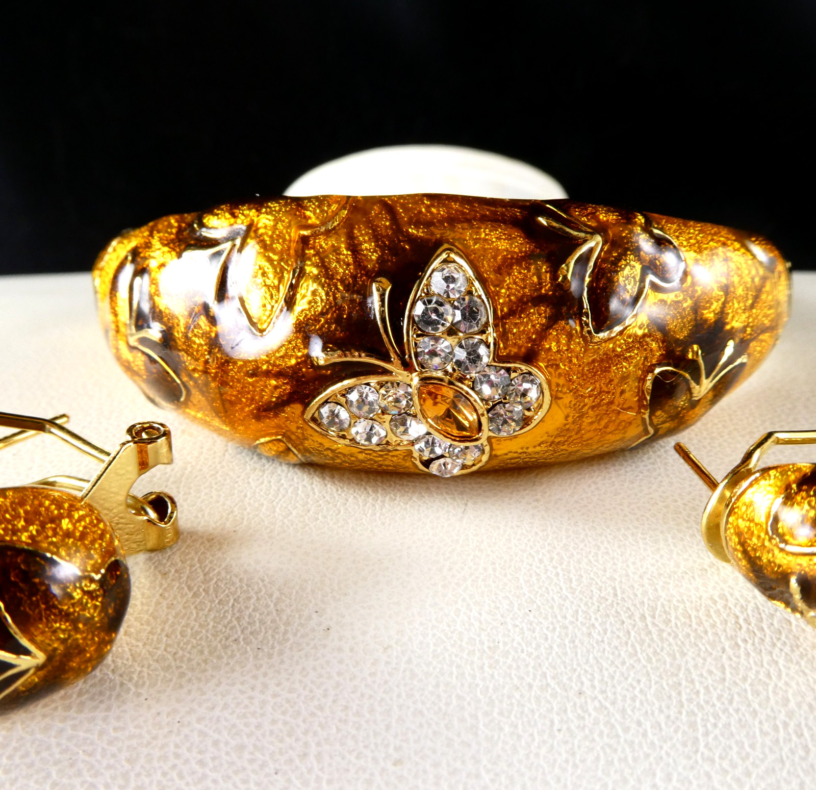 Bracelet & Earrings SET Orange Enamel Crystal Butterfly Fall Colors Signed FL