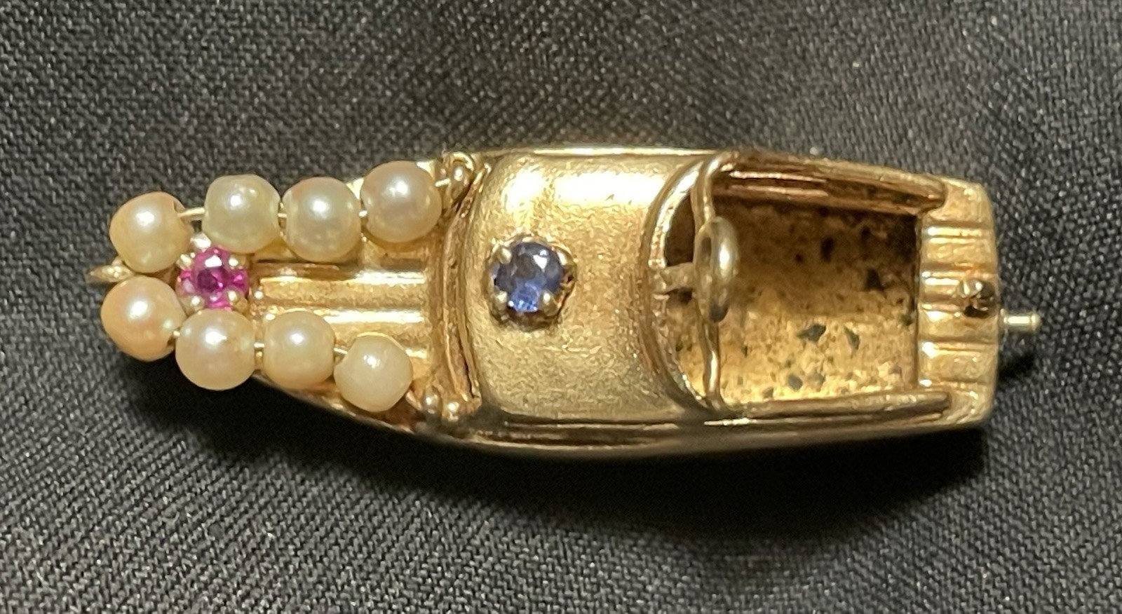 1955 Antique 14k Solid Yellow Gold Boat Charm Pendant Ruby Sapphire Pearls RARE