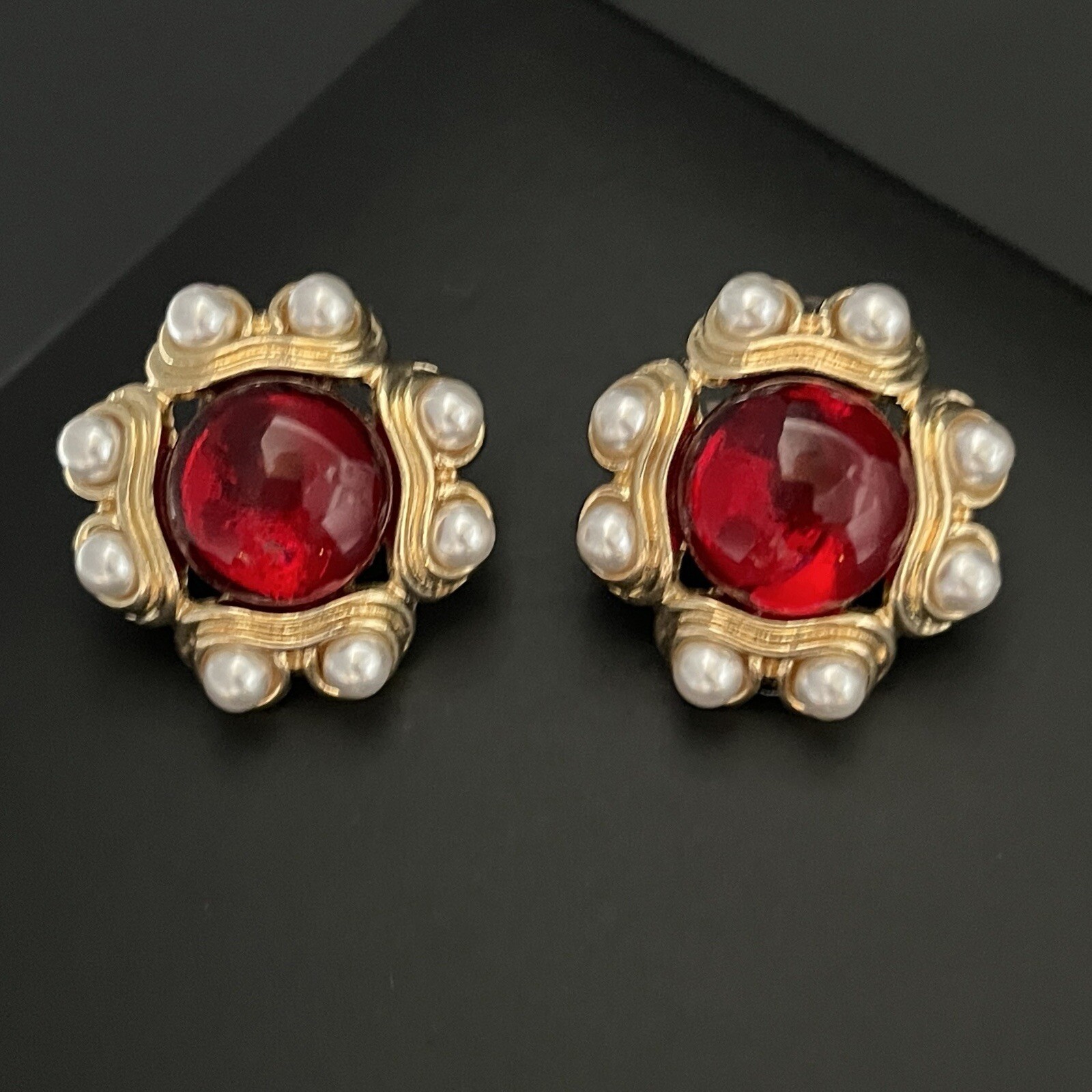 Etruscan Gripoix Style Earrings Gold Red Cabochon Faux Pearl Pierced Byzantine