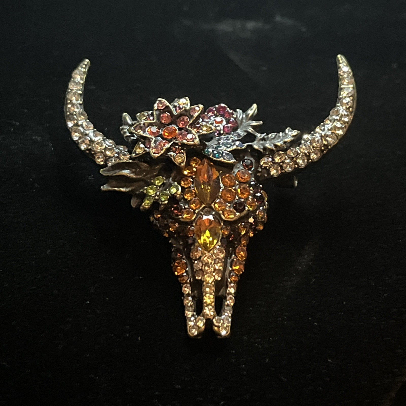 Southwestern Longhorn Floral Rhinestone Brooch Cowgirl Style