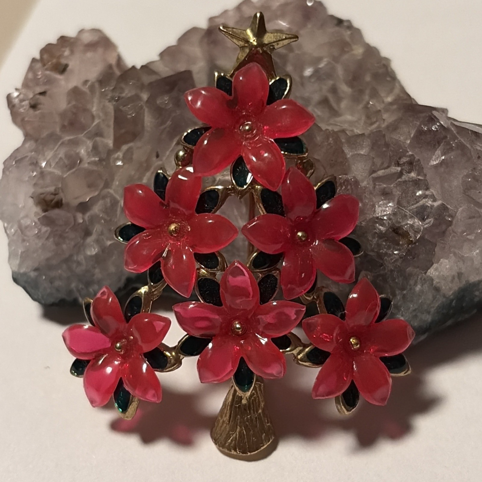 Vintage Unique Signed Lia Poinsettia Christmas Tree-pinkish Red 🌺 Flowers
