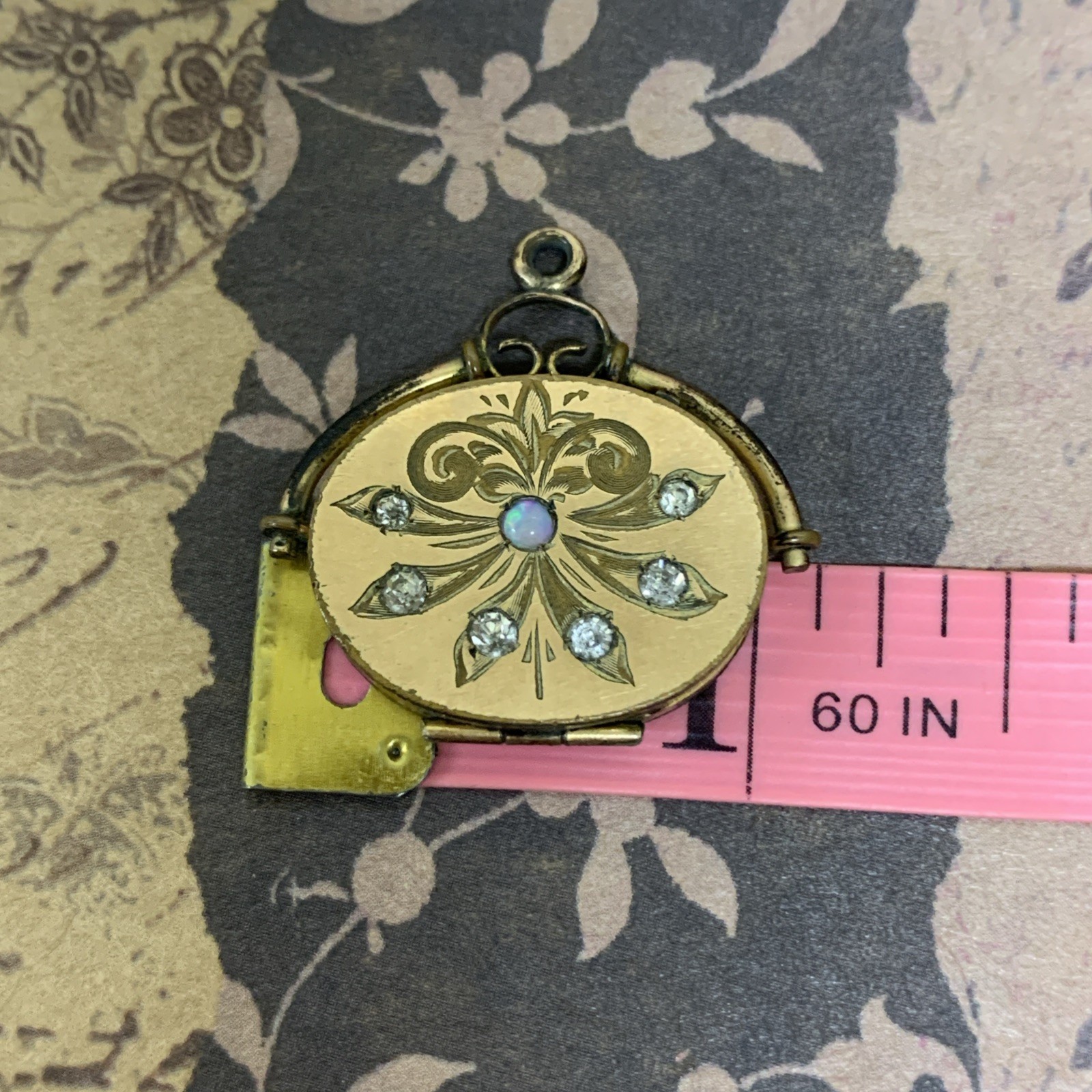 Antique Victorian French Gold Filled Engraved Oval Paste & Opal Locket Pendant