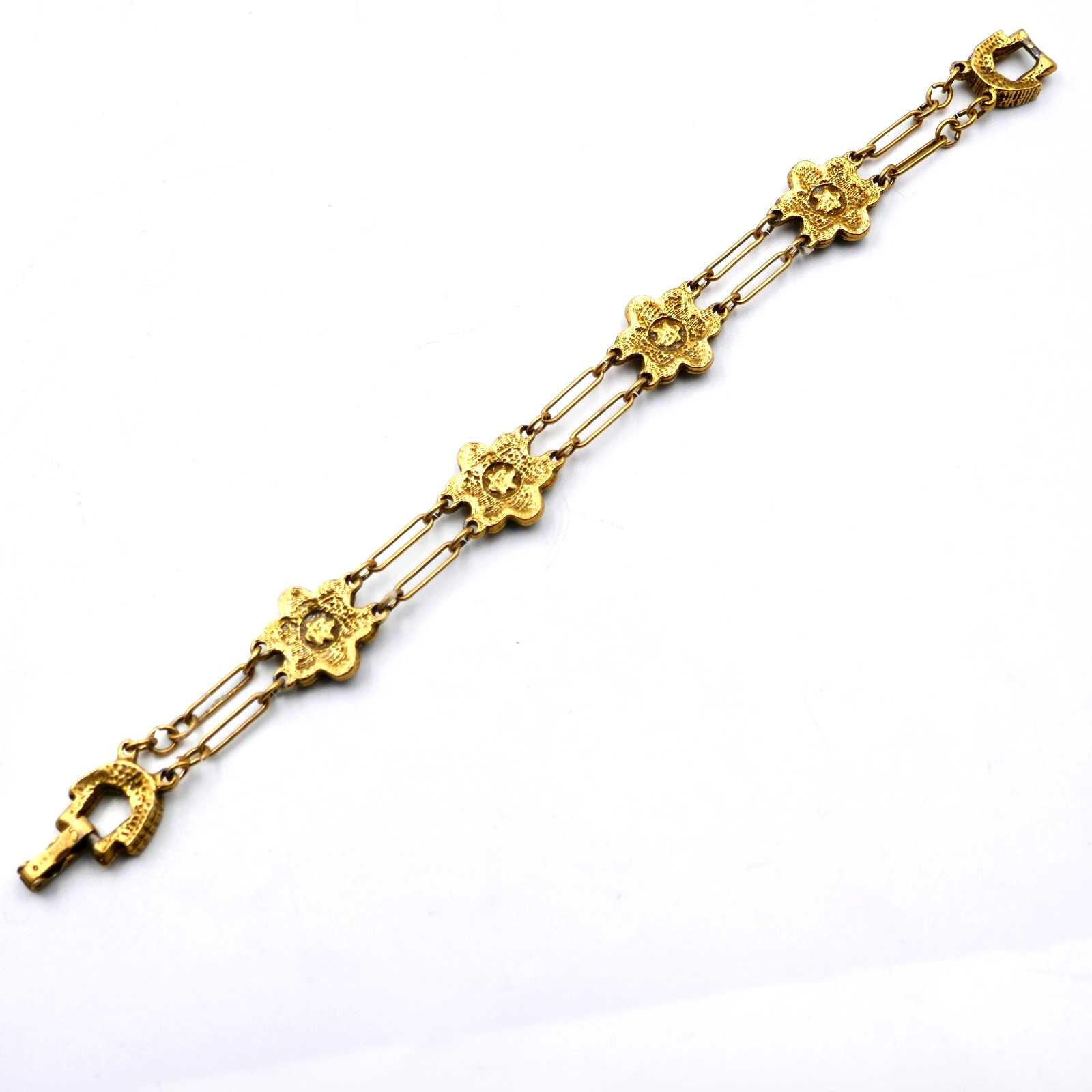 Goldette Red Rhinestone Bracelet 7.25″ Paper Clip Links Floral Gold Vintage