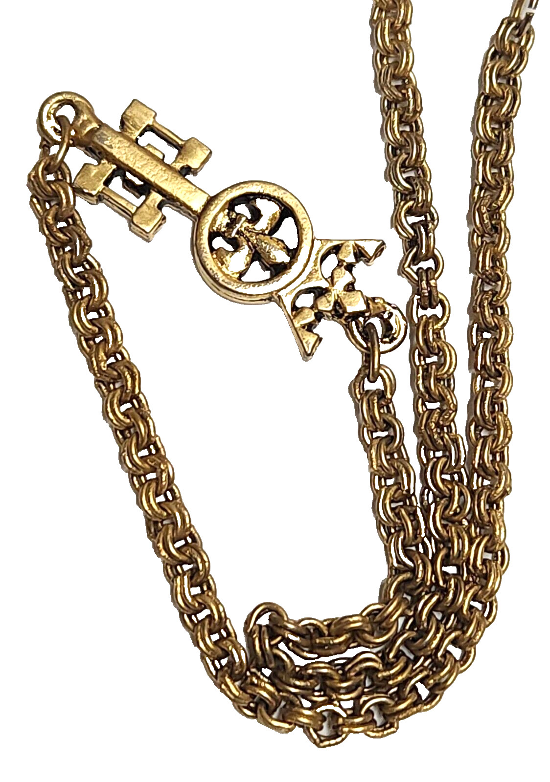 Vintage Unsigned Goldette Fluer de Lis, Faux Gemstone. Key Station Necklace 54″