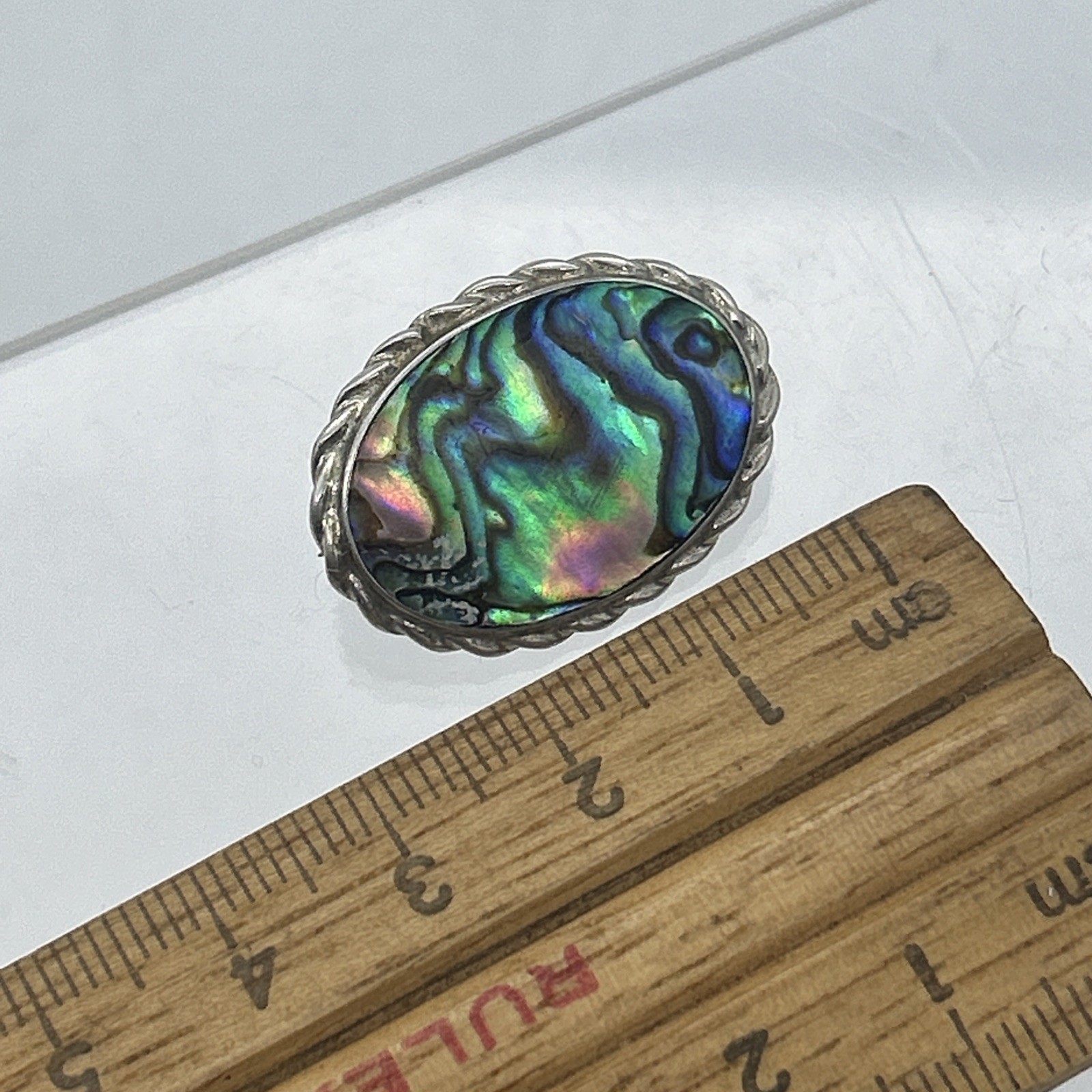 Vintage Paua Shell Sterling Silver Brooch 925 Oval Abalone Mother Of Pearl