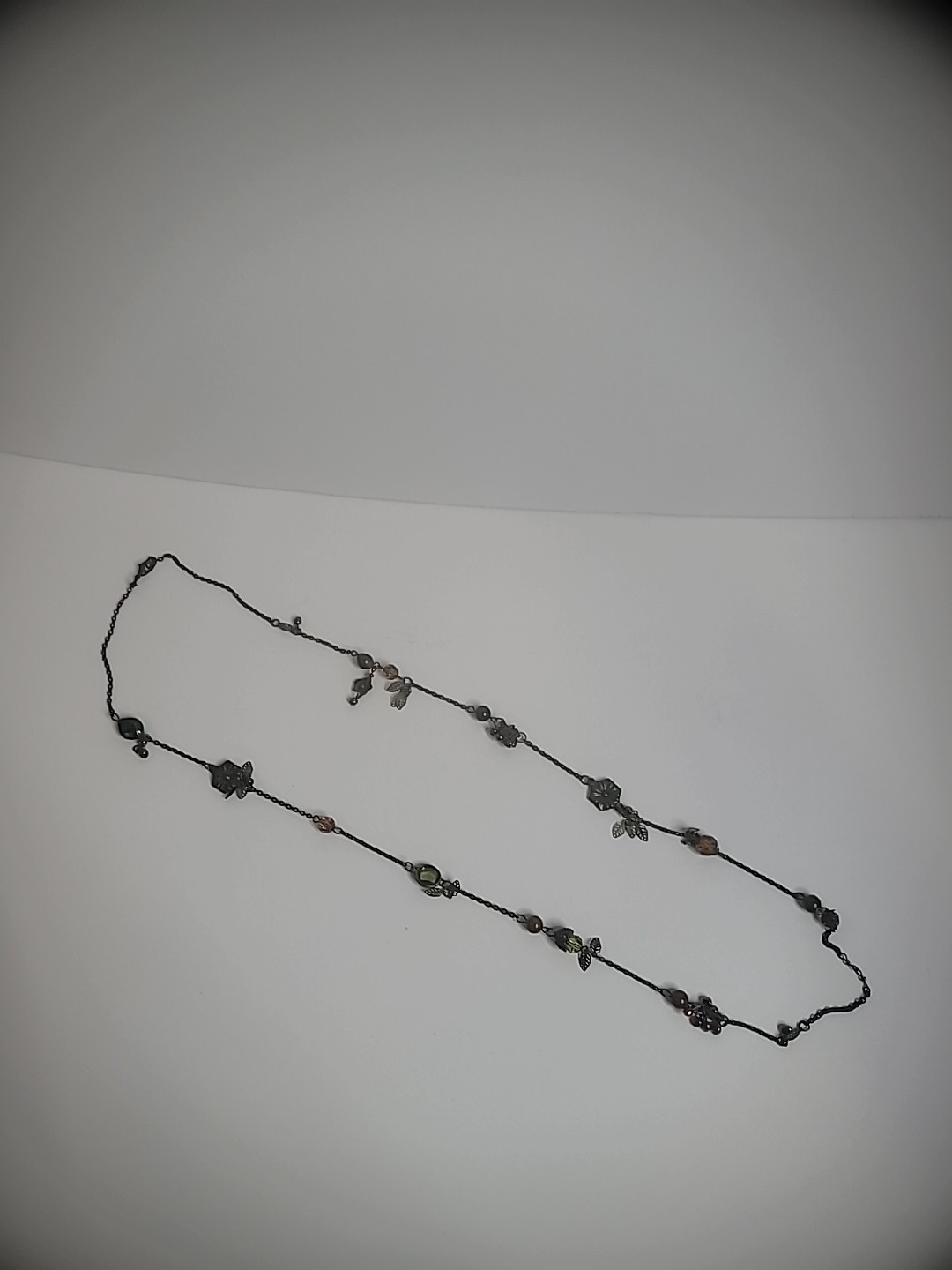 Vintage Bronze Tone Necklace Flowers Beads Leaves Flapper Jewelry Costume