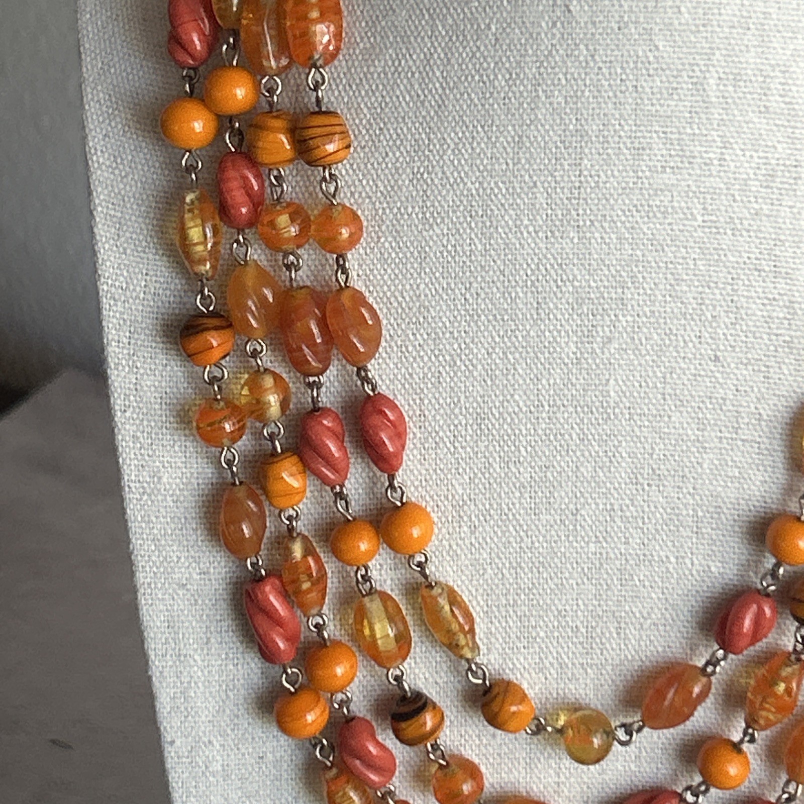 Multi Strand Glass Bead Necklace Orange Yellow Coral Vintage Statement Jewelry