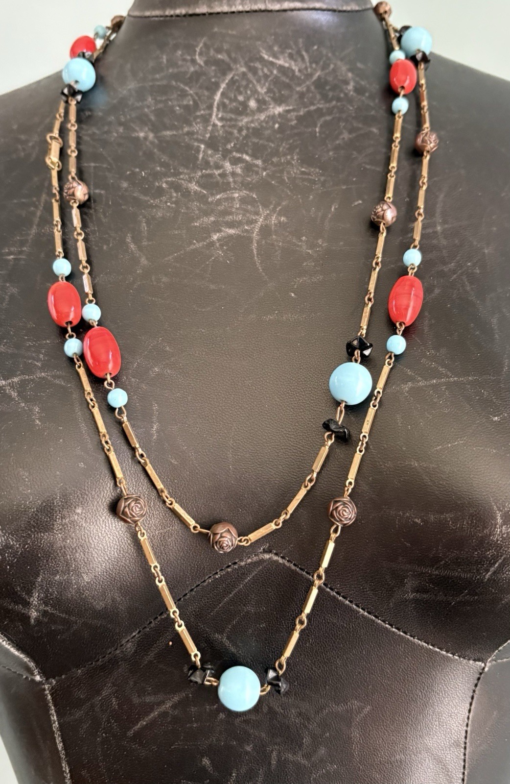 Art Deco Vintage Flapper Necklace Stationed Glass Bead Brass Bar Link Chain 62″