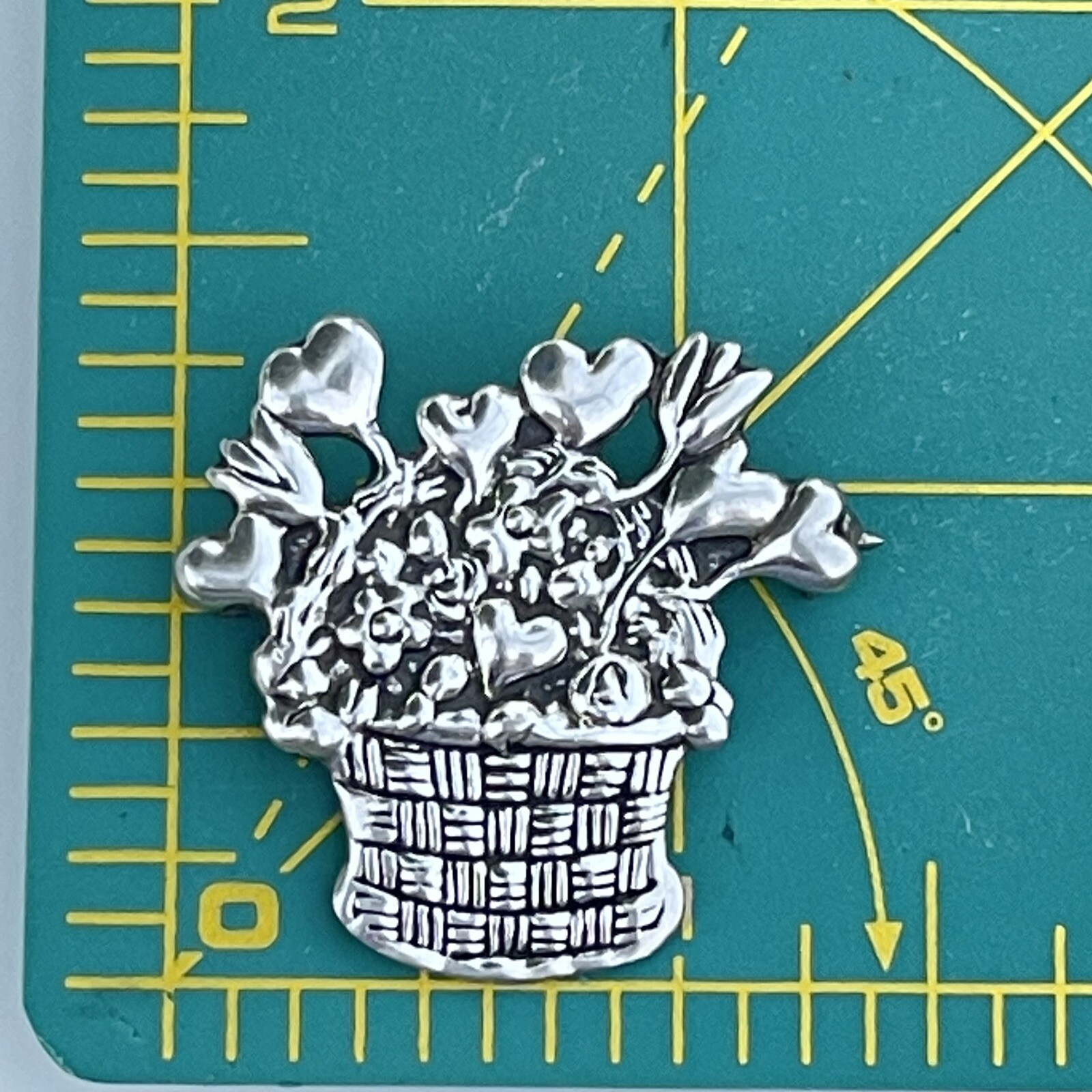 Mary Engelbreit Hearts Flowers Basket Brooch Signed ME 925 Sterling Silver Mex