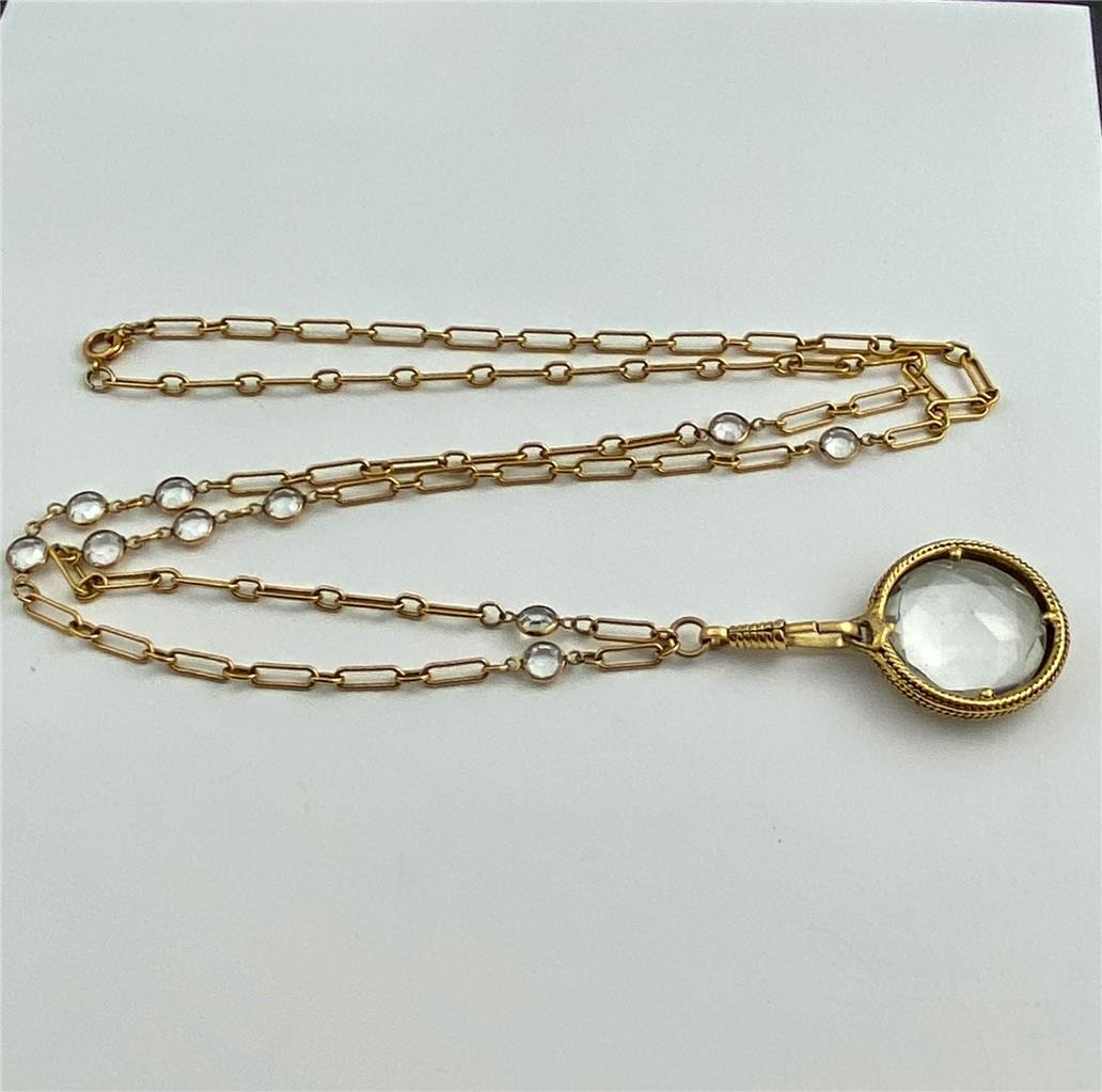 1970’s Bezel Set Crystal Station Gold T. Link Chain Clear Faceted Pendant 34″