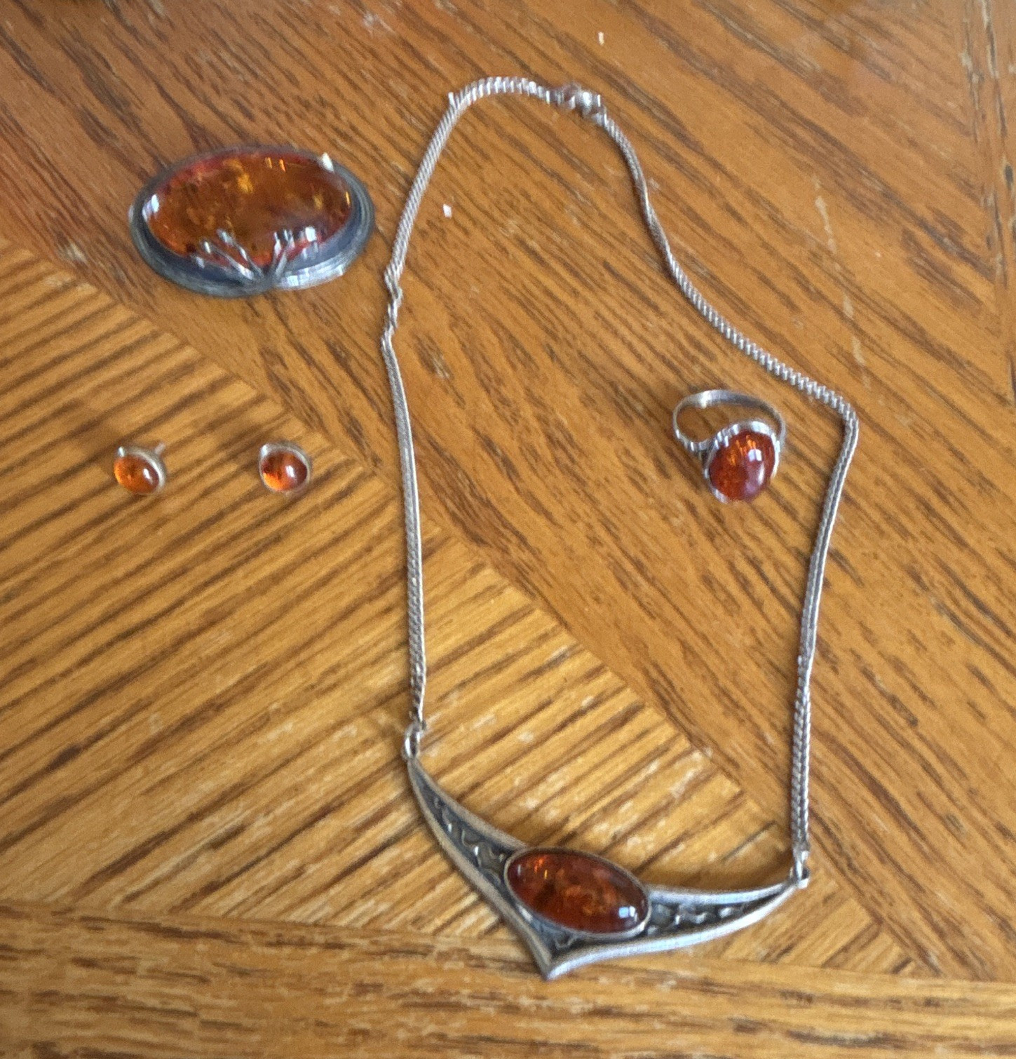 Cabochon Silver Tone Jewelry Set Necklace Ring Size 7, Brooch and Stud Earrings