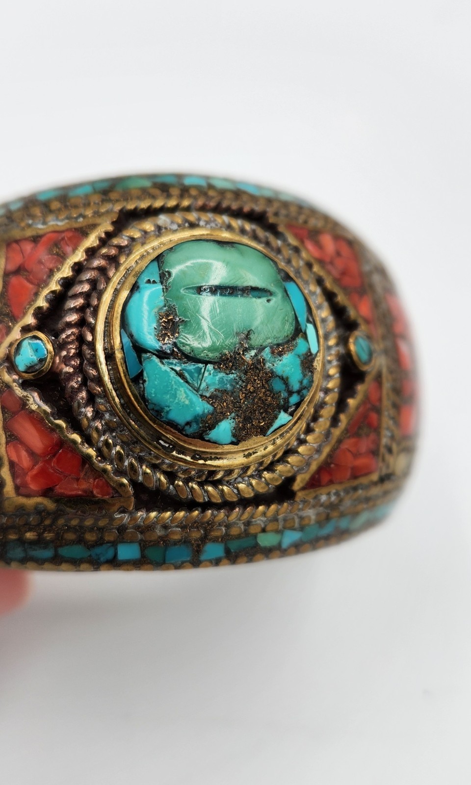 Vintage Brass Tibetan Style Inlaid Cuff Bracelet Multi Color Stones
