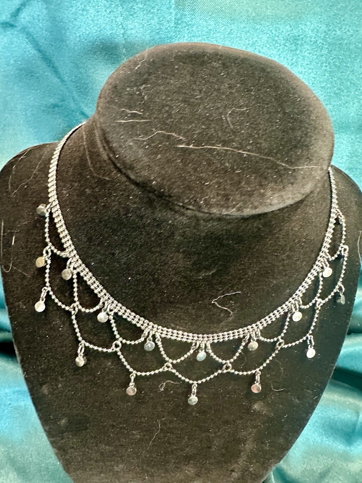Gwen Signed Silver Tone Ball Chain Festoon Choker Disc Charms Adjustable 17″